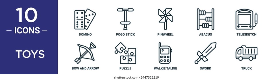 toys outline icon set includes thin line domino, pogo stick, pinwheel, abacus, telesketch, bow and arrow, puzzle icons for report, presentation, diagram, web design