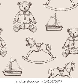 Toys pattern with hand drawn bears, ships and horses in vintage style. Perfect for kids textiles, wallpaper and prints.