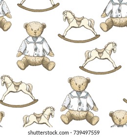 Toys pattern with hand drawn bears and horses in vintage style. Perfect for kids textiles, wallpaper and prints.