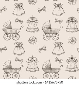 Toys pattern with hand drawn dresses and pram in vintag e style. Perfect for kids textiles, wallpaper and prints.