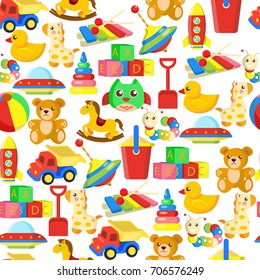 Toys pattern or kid cartoon seamless background design template for child wallpaper or wrapping paper and textile. Toy bear, doll or duck and horse or color ball on blocks in car. Vector illustration