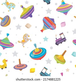 toys pattern. rotated funny games for kids twirl colored gyroscope. Vector seamless background for textile design projects