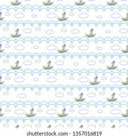 Toys pattern. Seamless background drawn by hands doodle sailor in a boat sailing on the waves, sea and clouds. Cute children vector pattern on a transparent background.