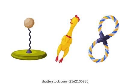 Toys For Pets Set. Spring Bal, Rubber Chicken And Rope Cartoon Vector Illustration