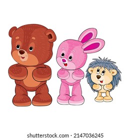 toys, pink hare, bear and hedgehog doing exercises, cartoon illustration, isolated object on a white background, vector, eps