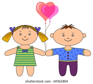 Toys, ragdolls, boy and girl with valentine heart balloon