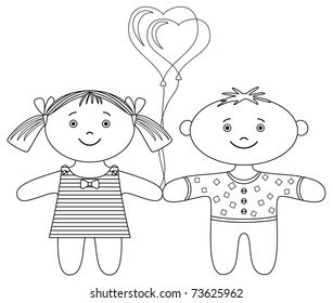 Toys, ragdolls, boy and girl with valentine heart balloon, contour