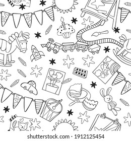 Toys: rocking horse  toy railroad  toy car  train  drum  stuffed animals  bunny toy  Easel  paints   brushes  children's drawings  Garland flag  Cartoon print  Seamless vector pattern (background)  
