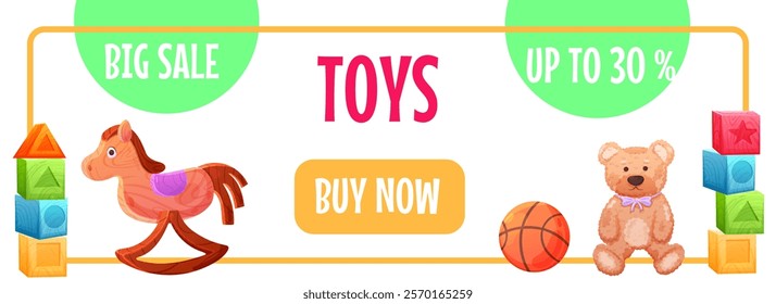 Toys sale banner template with cubes, ball and Teddy Bear