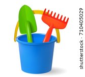 toys for  sandbox. Baby bucket, rake, scapula. Colored objects on white background. Vector illustration.