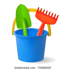 toys for  sandbox. Baby bucket, rake, scapula. Colored objects on white background. Vector illustration.