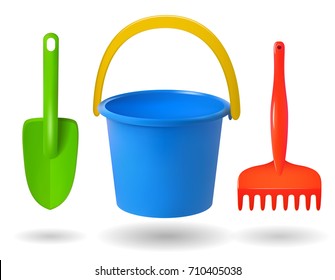 toys for  sandbox. Baby bucket, rake, scapula. Colored objects on white background. Vector illustration.