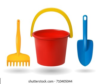 toys for  sandbox. Baby bucket, rake, scapula. Colored objects on white background. Vector illustration.