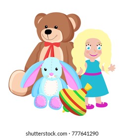 Toys from Santa Claus factory for children at Christmas holiday, teddy bear and rabbit, whirlabout and little blonde girl, vector illustration