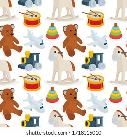 Toys seamless background. Different toys cartoon style drawing endless vector pattern. Baby background seamless concept. Part of set.