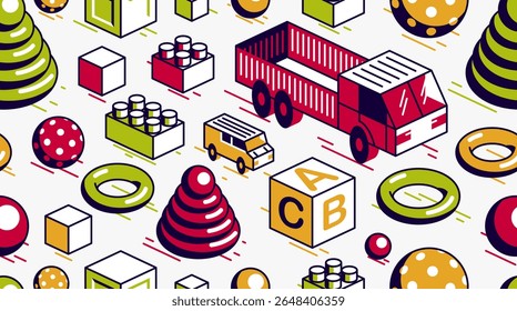 Brinquedos fundo sem costura, vetor isométrica retro brinquedos papel de parede sem fim, padrão de azulejos com caminhão carro e tijolos construtor, elementos fáceis de usar separadamente.
