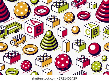 Juguetes de fondo sin fisuras, juguetes retro isométricos de Vector de Fondo de pantalla sin fin, patrón de azulejos con coche de camión y ladrillos de constructor, Elementos fáciles de usar por separado.
