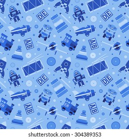 Toys seamless pattern against the blue background. The layout is fully editable