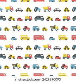 Toys Seamless Pattern. Different toy cars: firefighters car, truck, taxi, bus, concrete mixer truck, garbage truck, delivery truck, tractor. Toys for the baby boys. Vector illustration on white