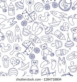 Toys seamless pattern. Figure Doodle blue on a white background for children: soft toys, rocket, duck, feeding bottle, stroller, nipple, rattle, booties, boat, ball, bear. Vector. 