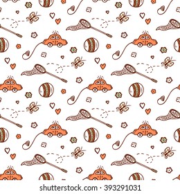 Toys seamless pattern. Hand drawn doodle cartoon car, ball, butterfly, butterfly net. Background for kids. Children's wallpaper