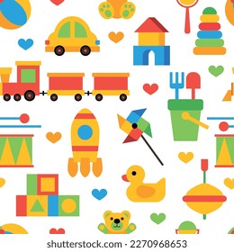 Toys seamless pattern. Preschool activity children objects. Yellow Rubber Duck, Children's wooden toys, Train, Car, Rocket, Bear, Ball. Kids toys. A set of children's toys for the youngest