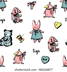 Toys seamless pattern with rabbit, bear, penguin. Cute kids texture. Hand drawn vector illustration