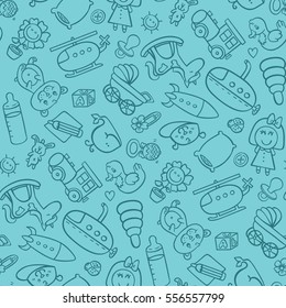 Toys Seamless Pattern. Vector Seamless Pattern For Baby Shower, Fabric,background With Doodle Toys