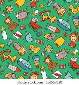 Spielzeugmuster nahtlos. Vektor-nahtlose Muster für Babydusche, Gewebe, Hintergrund mit Doodspielzeug