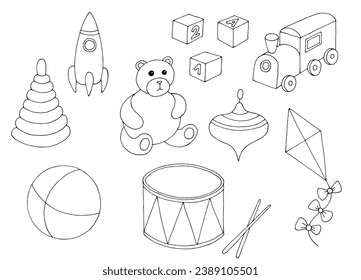 Toys set black white isolated illustration vector 
