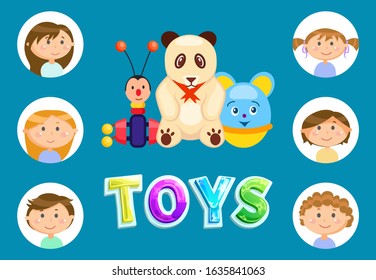 Toys set for children vector, soft fluffy panda with red ribbon elephant and butterfly with wheels and antennae, Portraits of kids in frames flat style