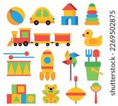 Toys set, collection. Preschool activity children objects. Yellow Rubber Duck, Children