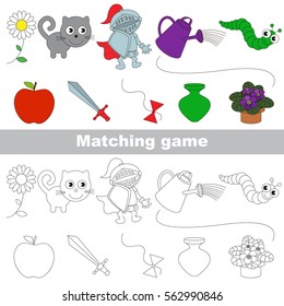 Toys set to find the appropriate couple of objects, to compare and connect objects and their relevant pairs, the matching educational kid game with simple gaming level for preschool kids.