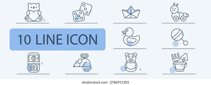 Toys set icon. Teddy bear, dice, paper boat, caterpillar toy, rubber duck, yo yo ball, toy phone, wind up mouse, bear figure, sandbox tools. Childhood play objects, nursery activity visuals.