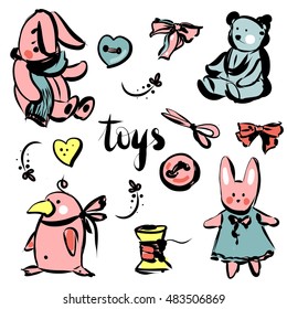 Toys set with rabbit, bear, penguin. Cute kids texture. Hand drawn vector illustration