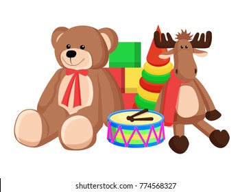 Toys set of Santa Claus factory in North Pole, fluffy teddy bear and reindeer, drums and cube, vector illustration isolated on white background