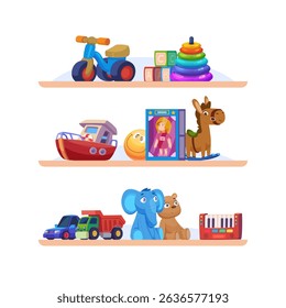 Toys shelves. market place with different toys in cartoon style
