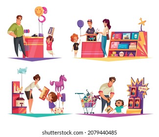 Toyería 2x2 concepto de diseño conjunto de adultos y sus hijos en tienda composiciones de caricaturas interiores ilustración vectorial plana