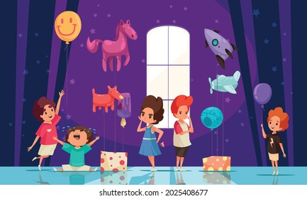 Toys shop cartoon background with group of kids holding balloons shaped like rockets helicopters animals flat vector illustration