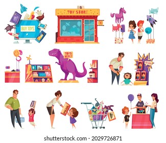 Toys shop cartoon set of adult and kid characters making purchases in store for child isolated flat vector illustration