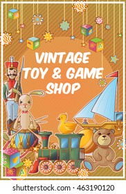 Toys shop colored poster with vintage toy and game shop title on orange background vector illustration