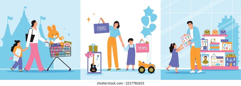 Toys shop flat design concept with parents buying gifts to happy children isolated vector illustration