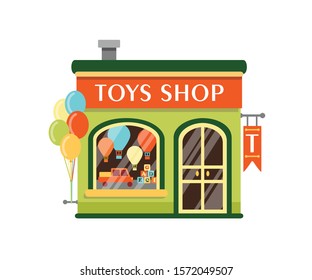 Toys shop flat vector illustration. Kids store building facade with signboard isolated on white background. Goods for children. Small kiosk with wooden cubes, tuck car and air balloons at showcase.