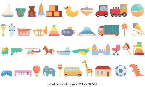 Toys shop icons set cartoon vector. Store market. Game play