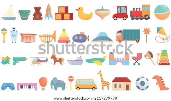 Toys shop icons set cartoon vector. Store market.
Game play