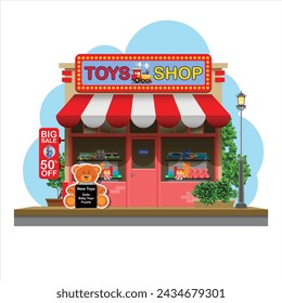 Toys shop illustration with a some toys in the display case and made with a cute cartoon style for your illustration needed.