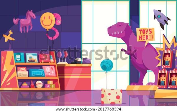 Toys shop inside colored background with\
board games and books for children on shelves and giant dinosaur on\
pedestal vector\
illustration
