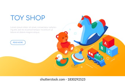 Tienda de juguetes - moderno y colorido banner web isométrico con espacio de copia para texto. Actividades para los niños, ocio, concepto de hobby. Ilustración con objetos, bloque abc, oso de peluche, parte superior giratoria, caballo, tren