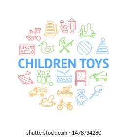 Toys Signs Thin Line Round Design Template Ad Include of Bear, Ball, Car, Puzzle, Duck and Horse. Vector illustration of Icons