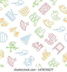 Toys Signs Thin Line Seamless Pattern Background on a White Include of Bear, Ball, Car, Puzzle, Duck and Horse. Vector illustration of Icons